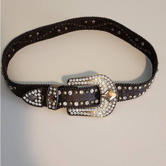 Rhinestone Studded Brown Leather Belt Size Small - Picture 2 of 8